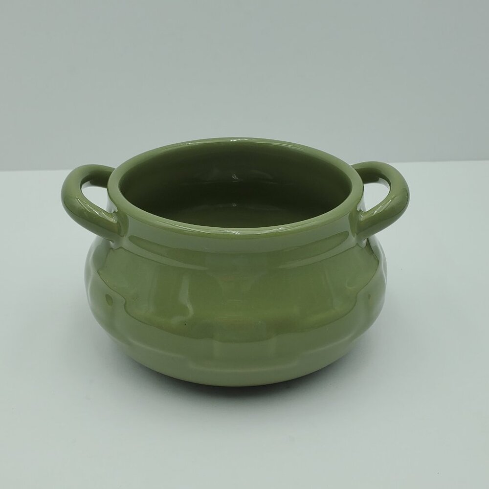 Longaberger Pottery Sage Green Individual Soup Tureen Handled Chili Chowder Bowl